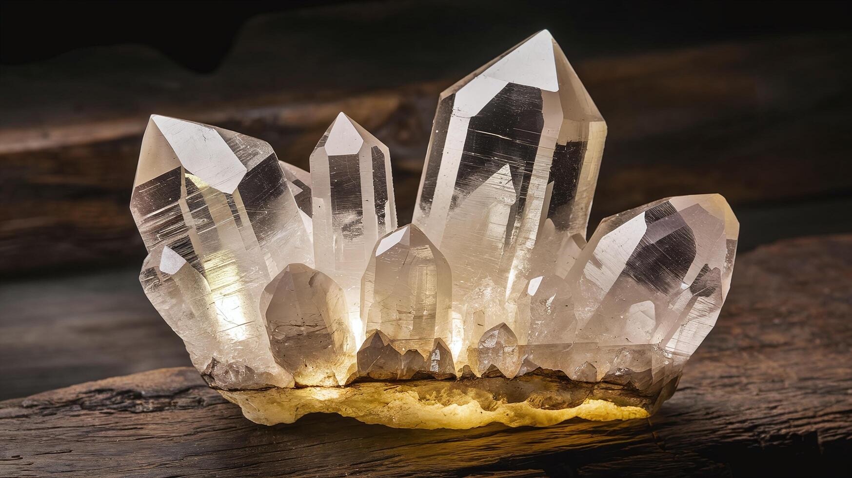 Raw Clear Quartz Crystal Cluster on Rustic Wooden Surface with Warm Light Glow for Natural Energy Concept photo