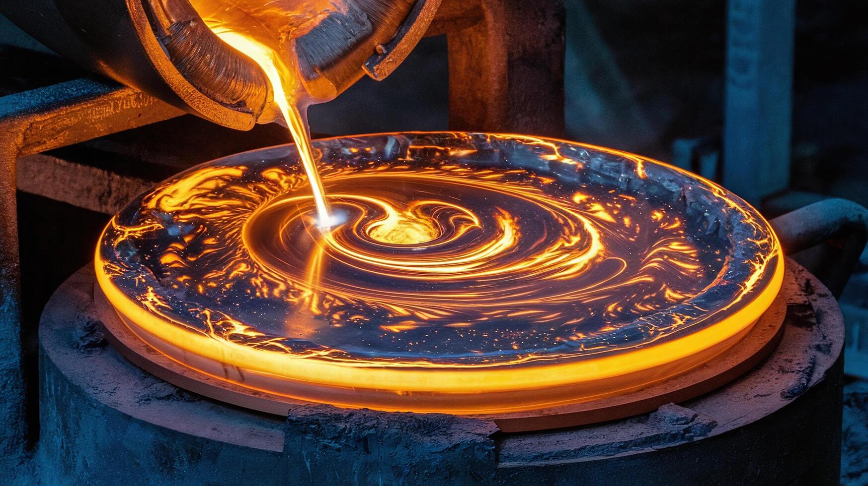 Molten Metal Pouring Into Circular Mold With Swirling Glowing Orange Liquid In Industrial Foundry photo