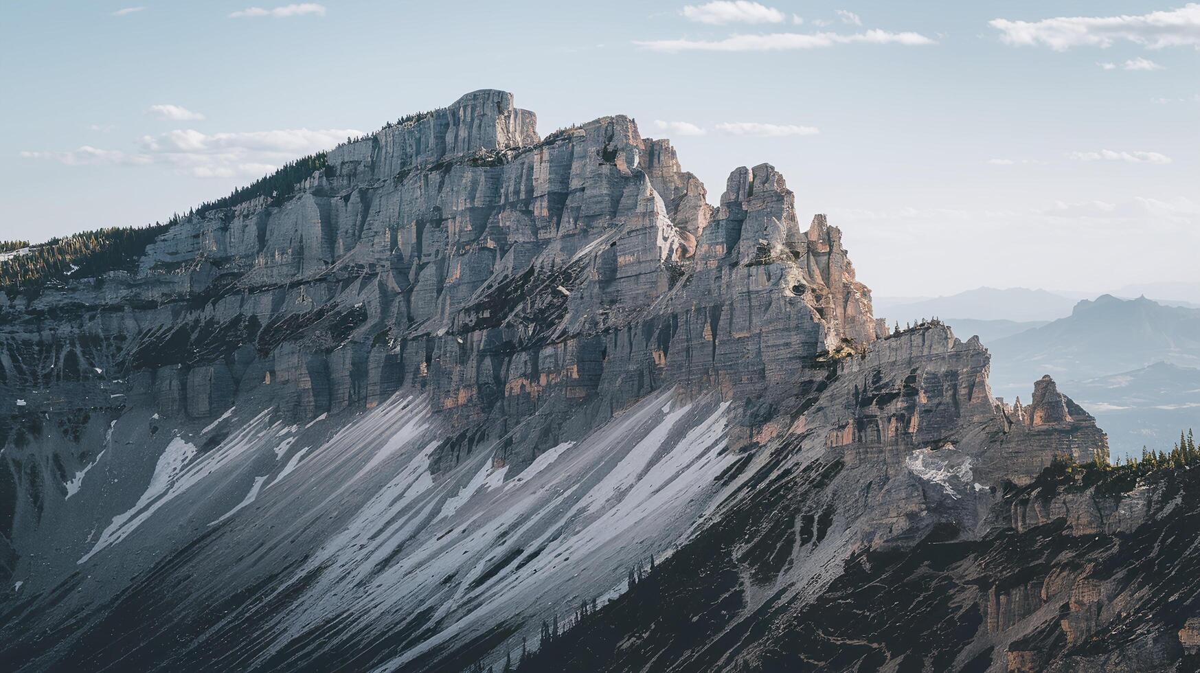 Majestic Rocky Mountain Cliff with Snowy Slopes and Pine Forest at Sunrise in Clear Sky Landscape photo