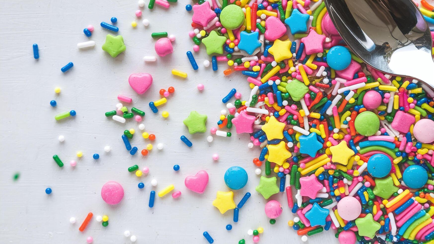 Bright Colorful Assorted Candy Sprinkles with Stars Hearts and Spoons on White Background photo