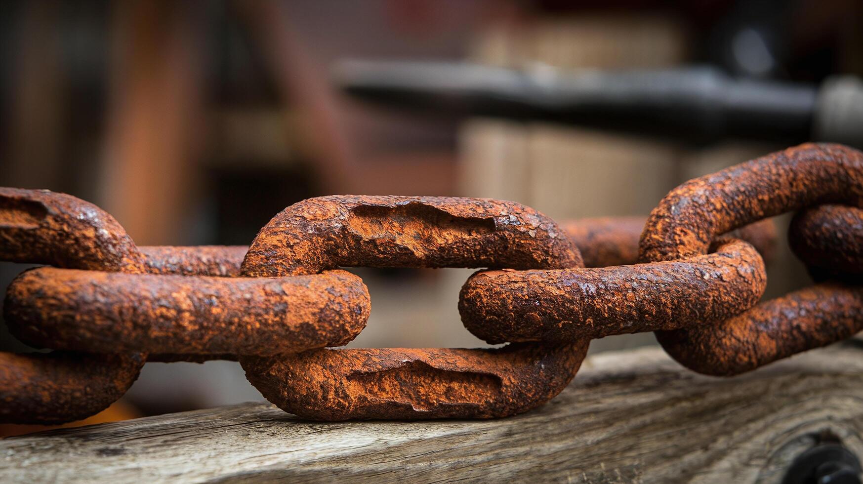 Closeup of Rusted Iron Chain Links on Weathered Wood with Blurred Industrial Background photo