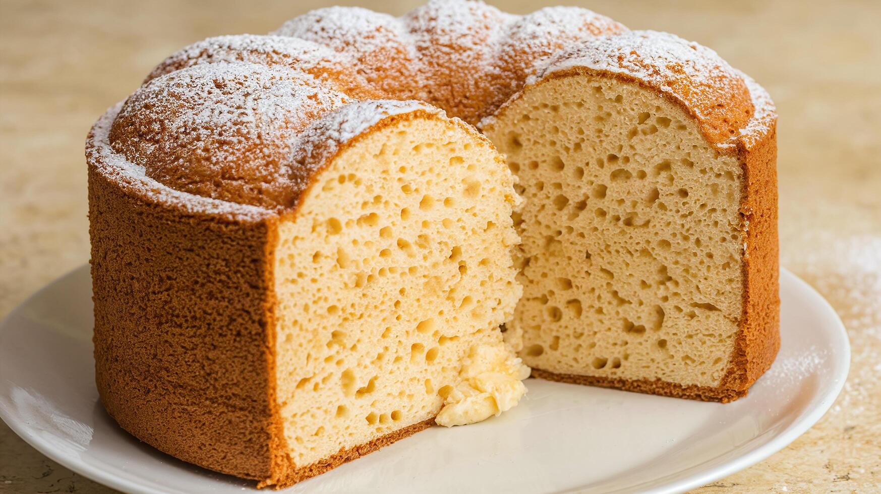 Freshly Baked Sponge Cake with Soft Texture and Powdered Sugar on White Plate in Kitchen Setting photo