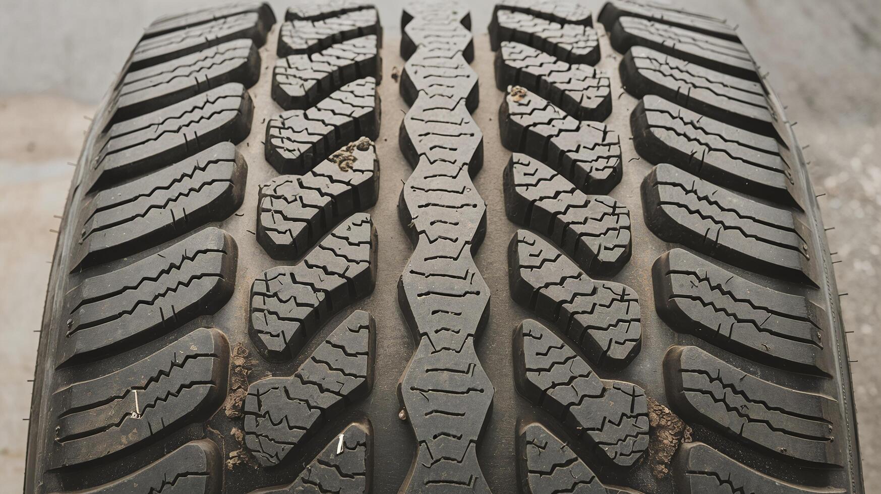 Closeup of black car tire tread with intricate geometric patterns on concrete surface background photo