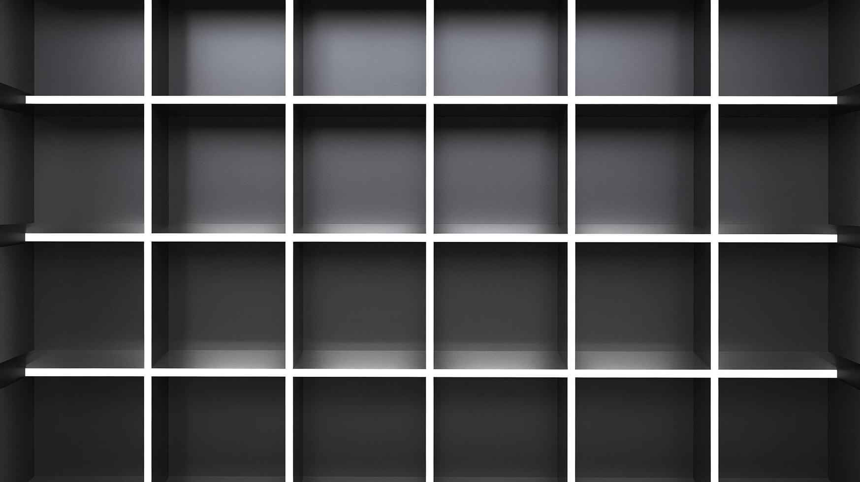 Modern Black Cubical Shelf with Symmetrical White Dividers in Minimalistic Design photo
