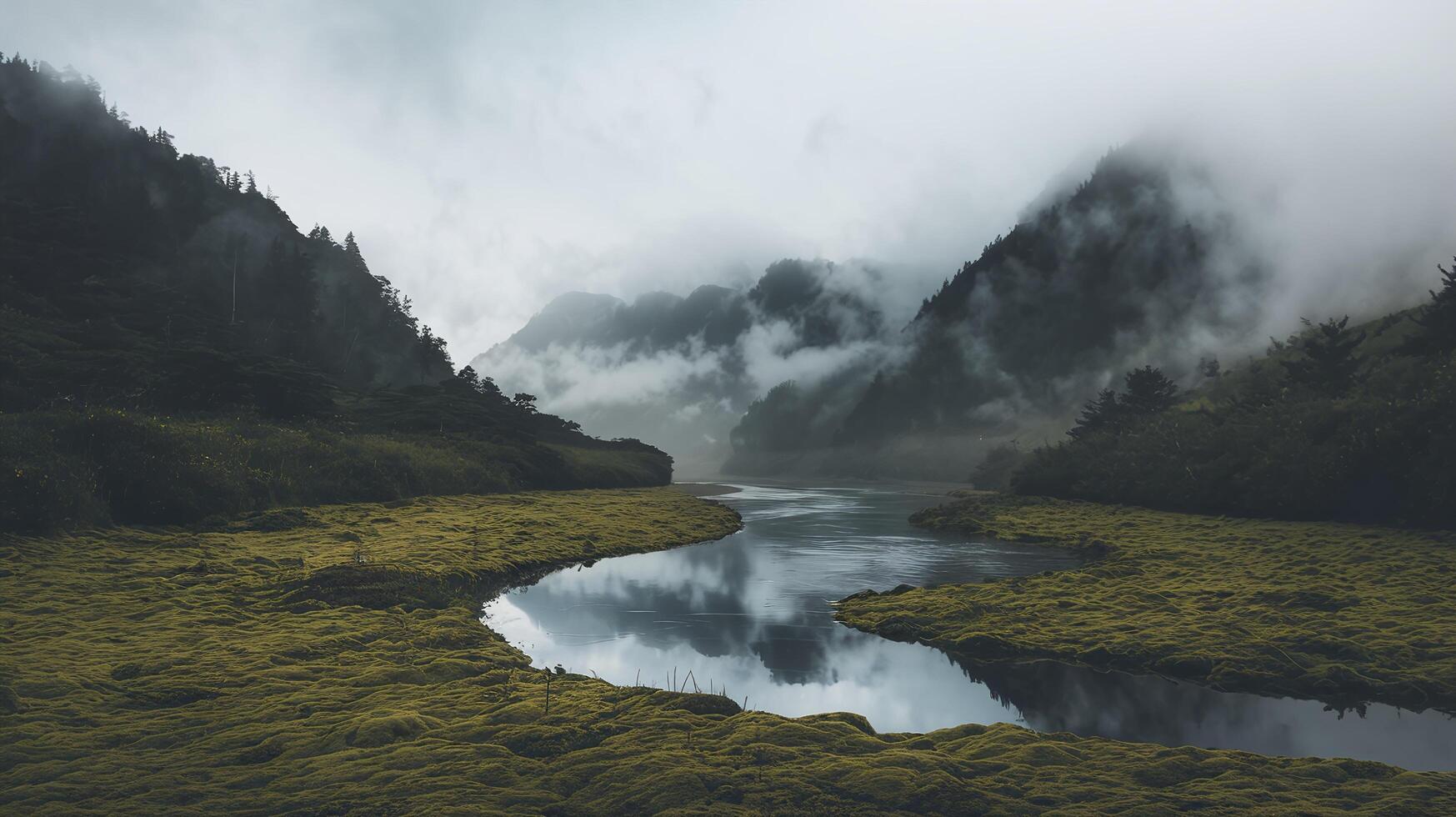 Serene Mountain Valley with Foggy Sky Reflecting on Calm River Surrounded by Lush Green Moss photo