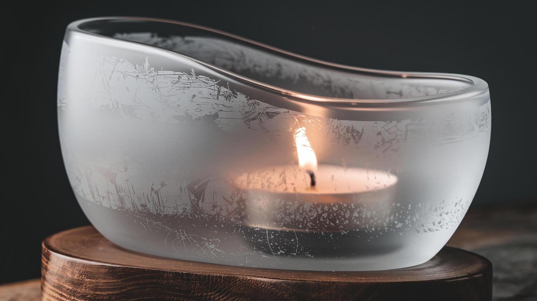 Frosted Glass Candle Holder with Lit Tealight on Wooden Base in Minimalist Ambient Setting photo