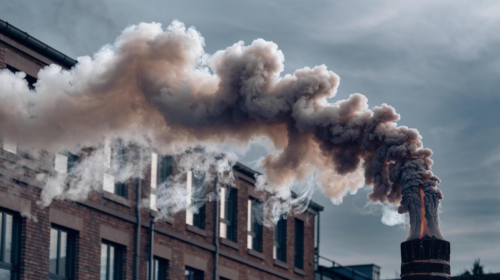Thick Smoke Emission from Industrial Chimney Against Urban Brick Building under Cloudy Sky photo