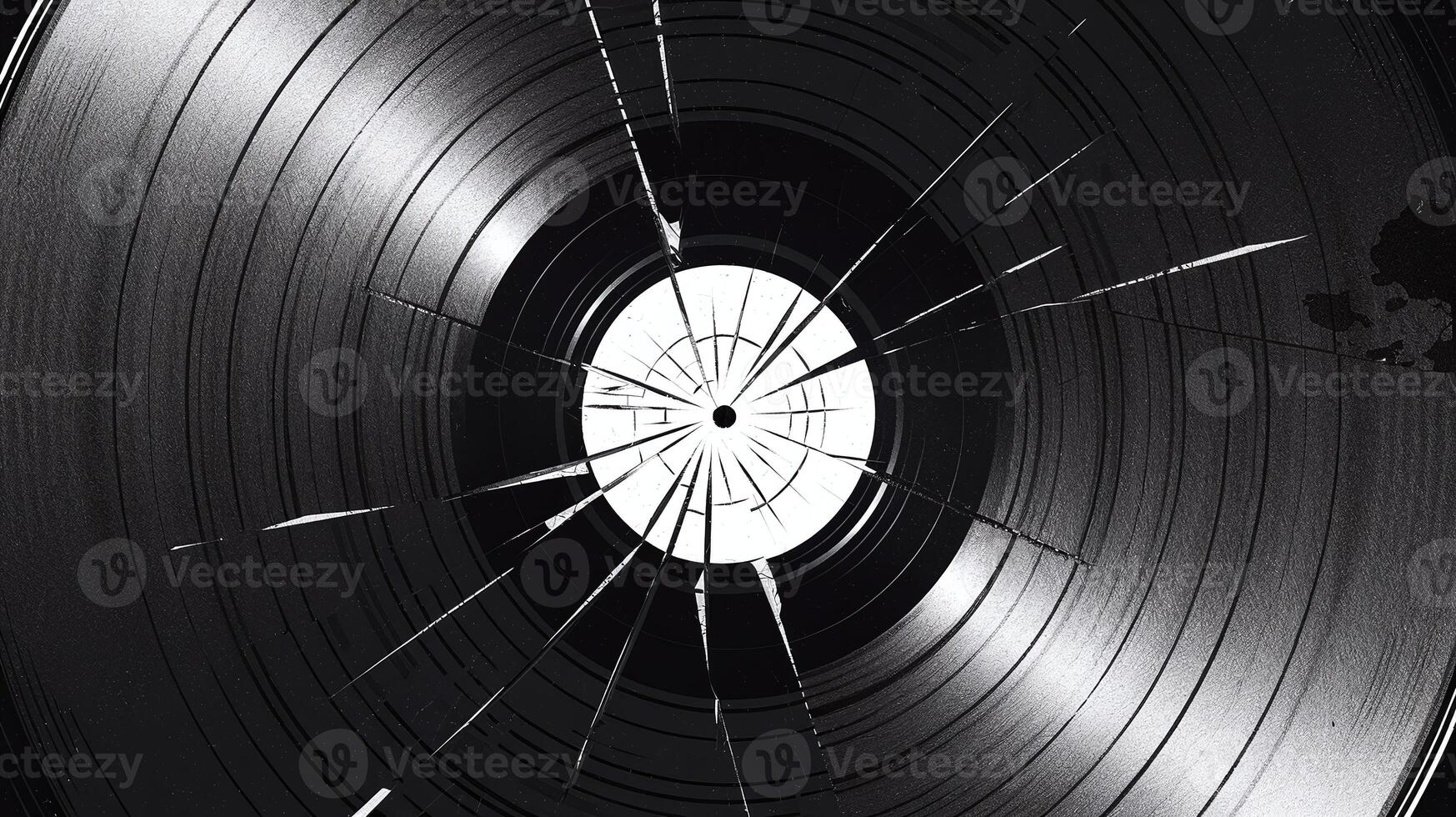 Close Up of Broken Vinyl Record with Cracks and Dark Spiral Patterns on Black Background photo