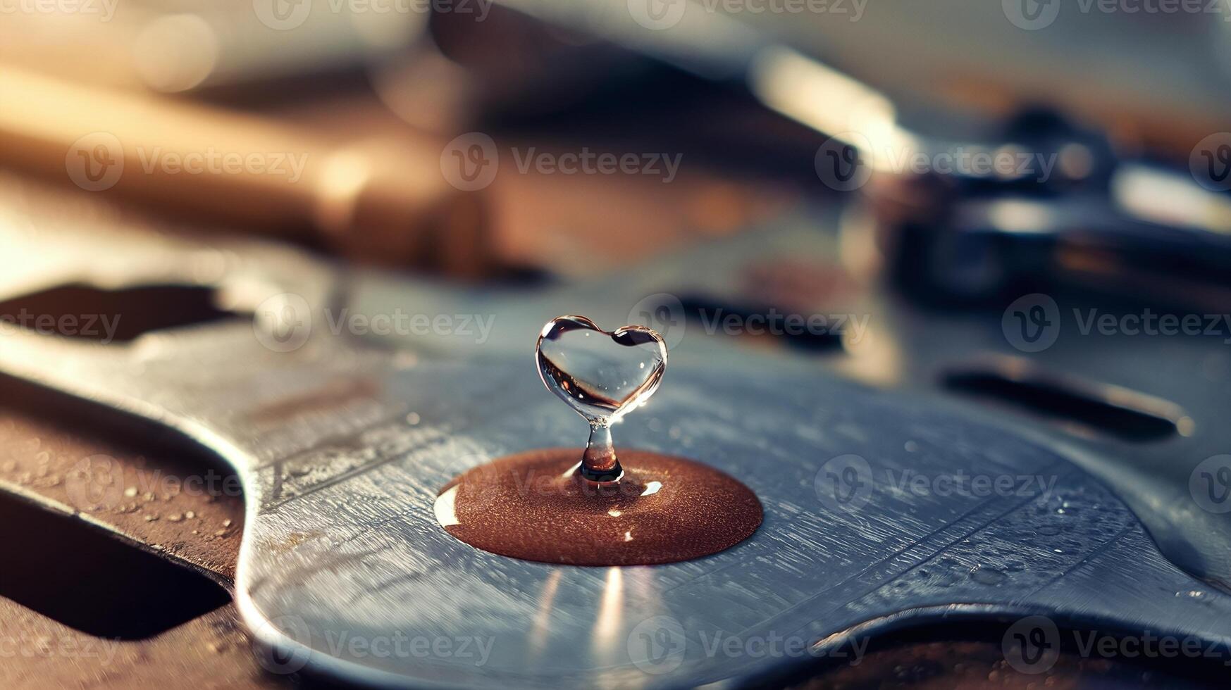 Closeup of Metallic Surface with Heart Shaped Water Droplet in Warm Light on Workshop Table photo