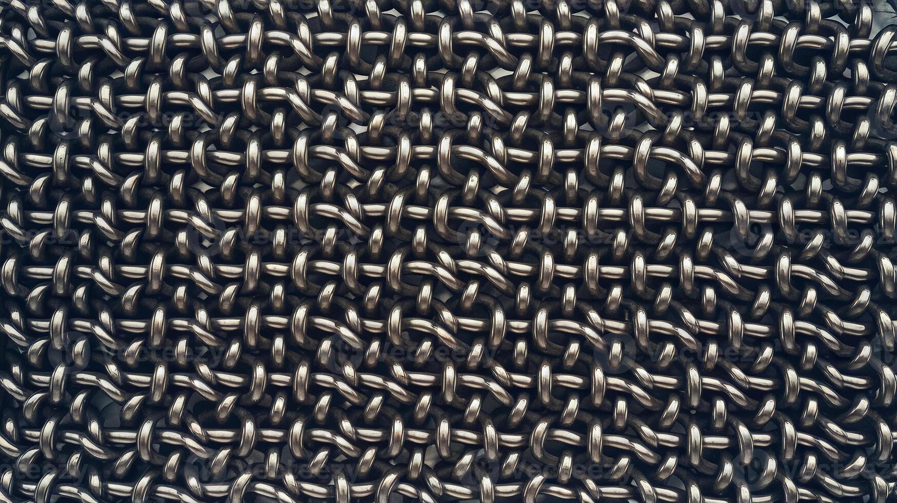 Closeup of Interwoven Metallic Chain Links with Silver and Gray Tones Textured Background photo