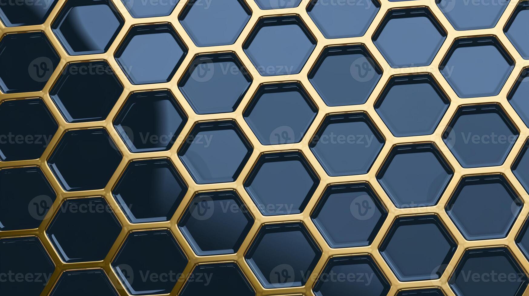 Golden Hexagon Honeycomb Pattern on Glossy Dark Blue Surface with Reflective Metallic Background photo