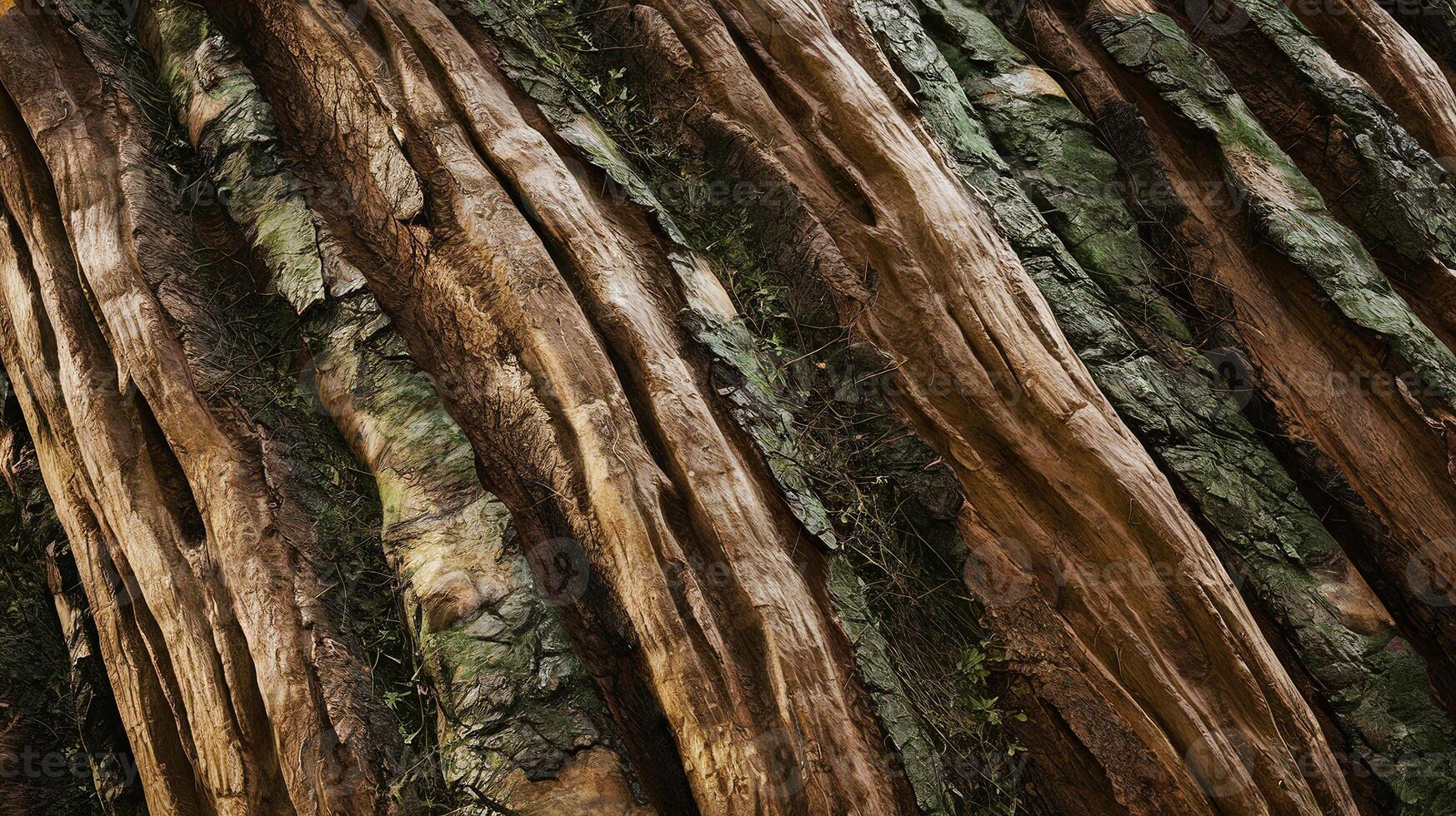 Closeup of Textured Tree Bark with Green Moss in Natural Forest Environment Showing Growth Patterns photo