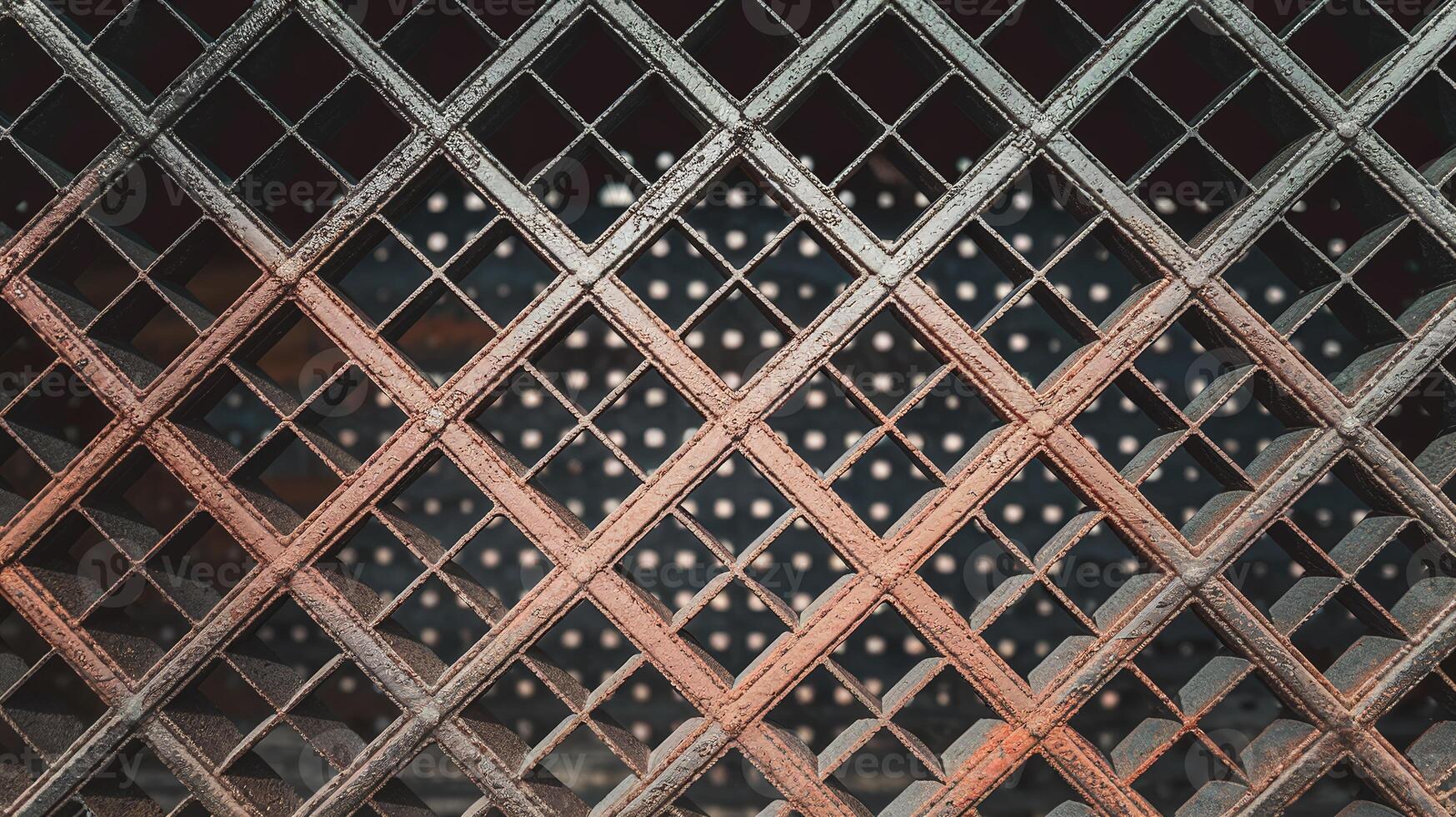 Rustic Metal Grid Fence with Diagonal Pattern and Light Effects Against Dark Background photo