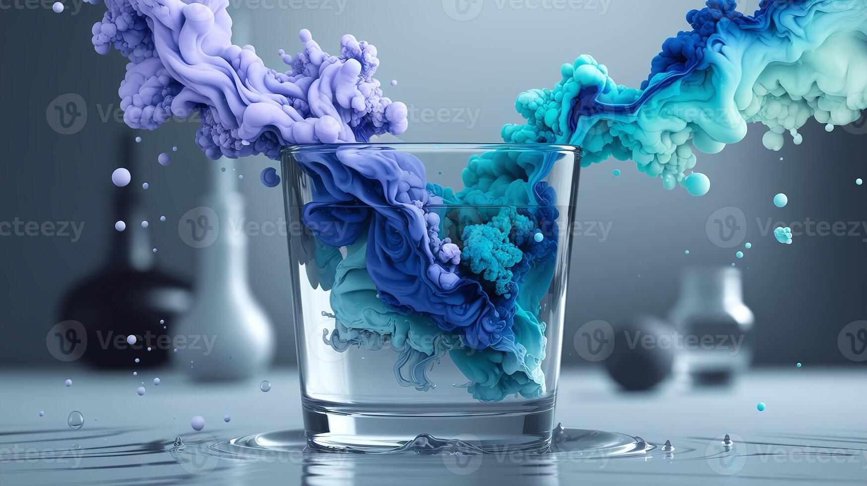 Blue and Purple Ink Swirling in Clear Glass of Water with Abstract Background and Reflections photo