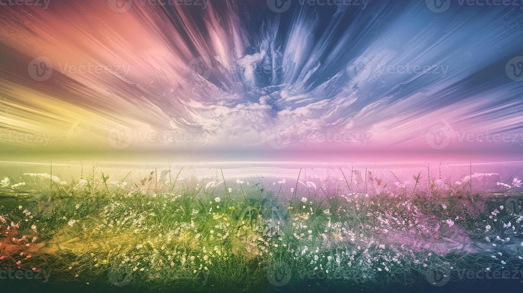 Vibrant Gradient Meadow with Wildflowers Under Dramatic Radiant Sky and Dynamic Cloudscape photo