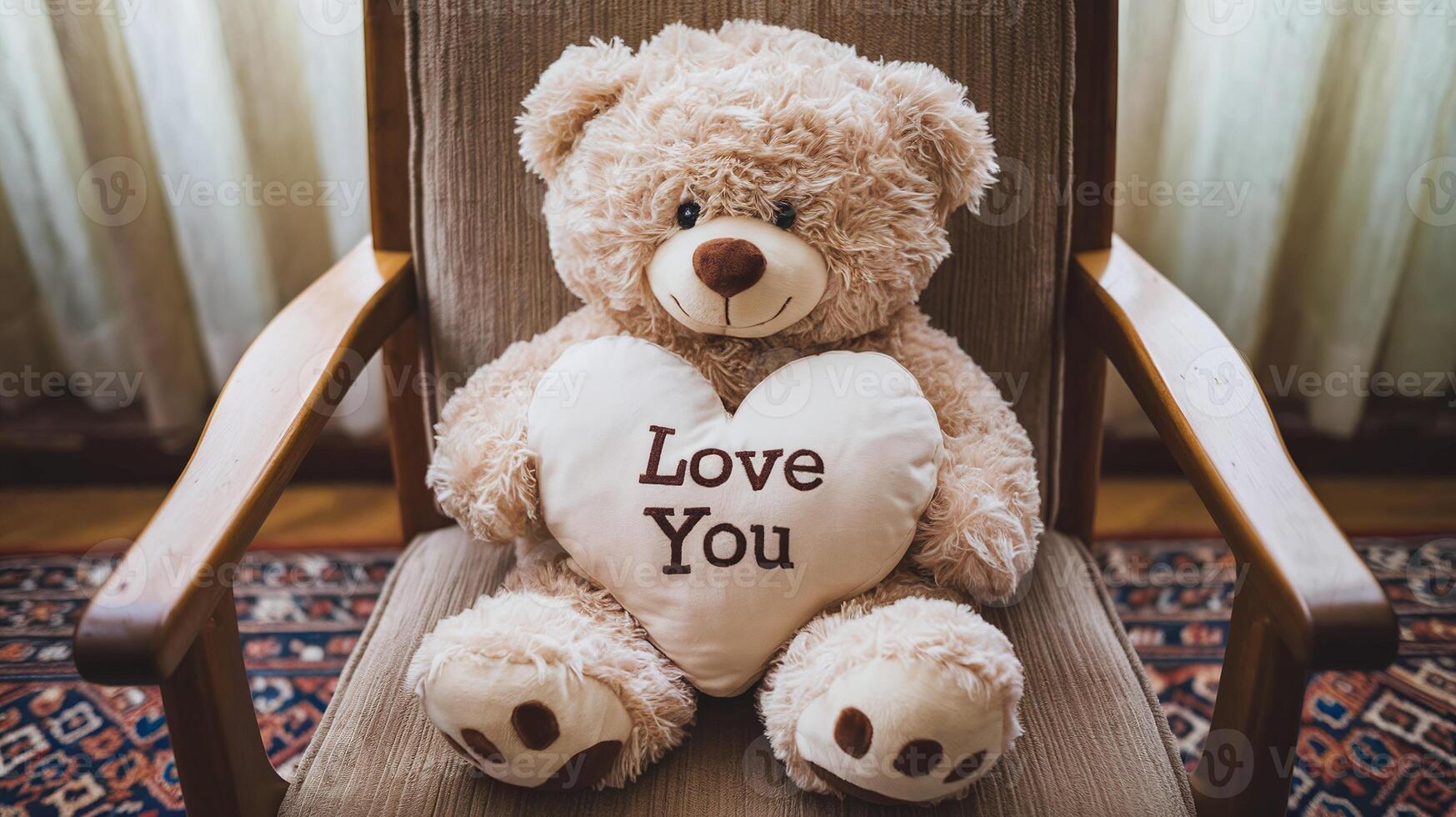 Cute Beige Teddy Bear Holding White Heart Pillow With Love You Text Sitting On Armchair Indoors photo
