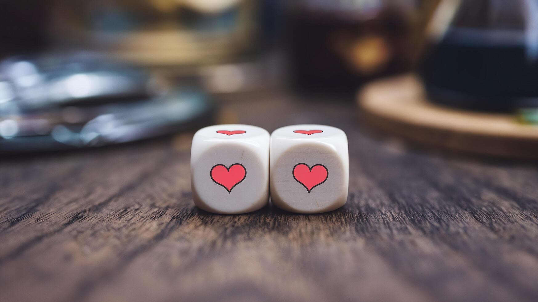 Pair of Dice with Red Heart Symbols on Rustic Wooden Table Romantic Mood Close Up Concept of Love and Chance photo