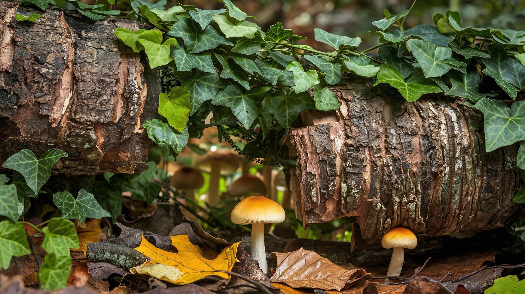 Orange Mushrooms Growing Under Ivy Covered Fallen Logs with Autumn Leaves in Forest Scene photo