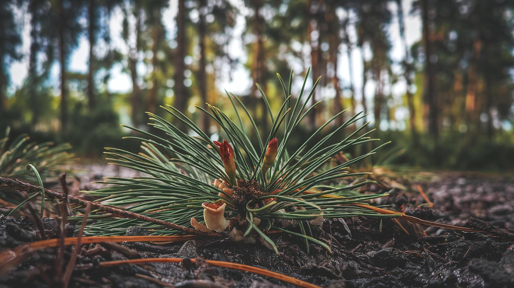 Closeup of Pine Needles on Forest Floor Showing Nature Details with Trees in Blurred Background photo