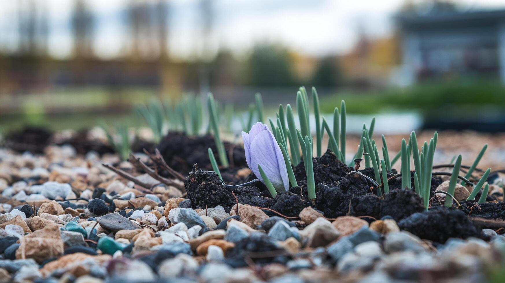 Purple Crocus Flower Bud Emerging from Soil in Pebble Garden with Blurry Autumn Background photo