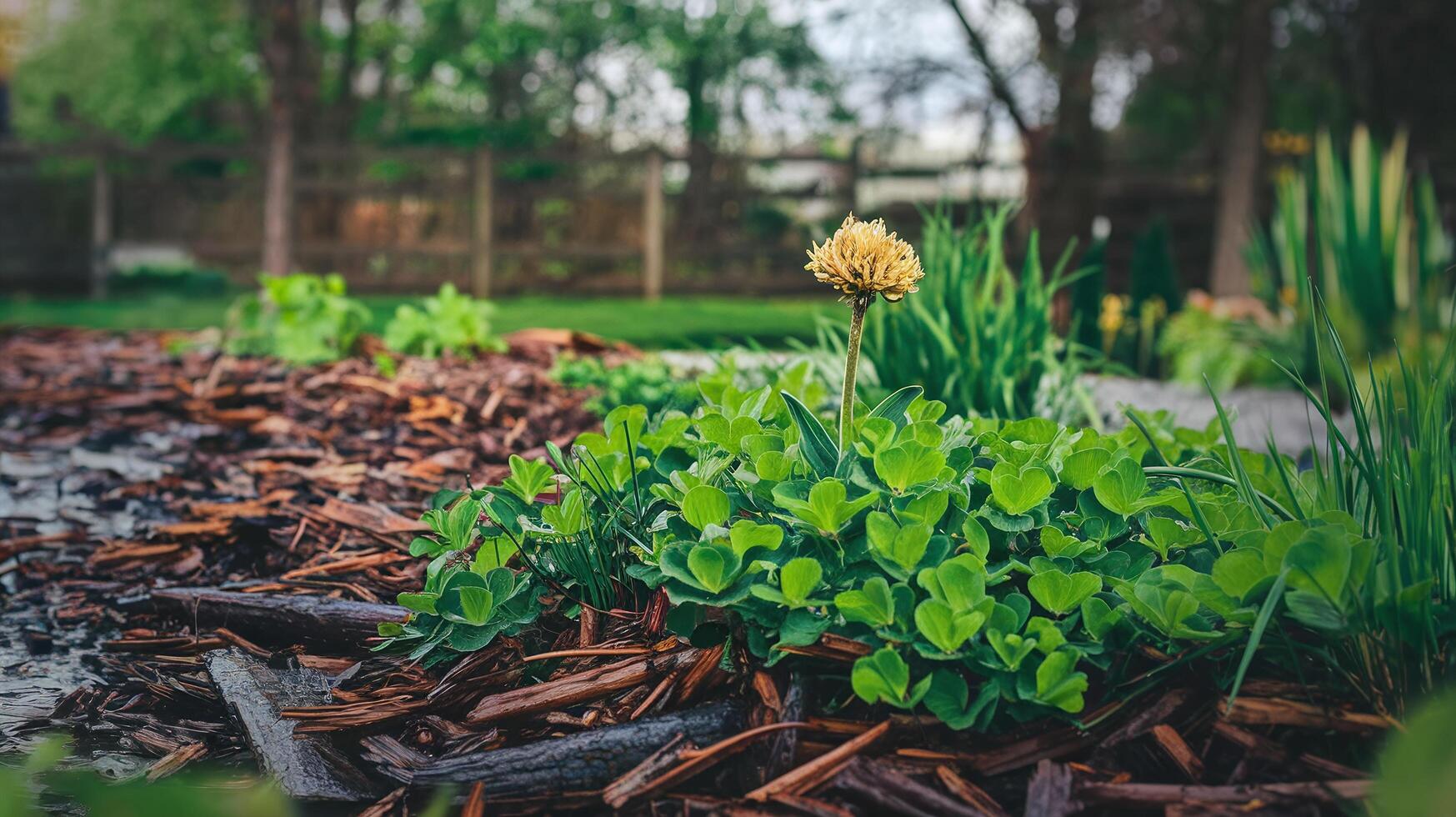 Closeup of Dandelion Surrounded by Green Plants and Fresh Mulch in a Lush Backyard Garden Setting photo