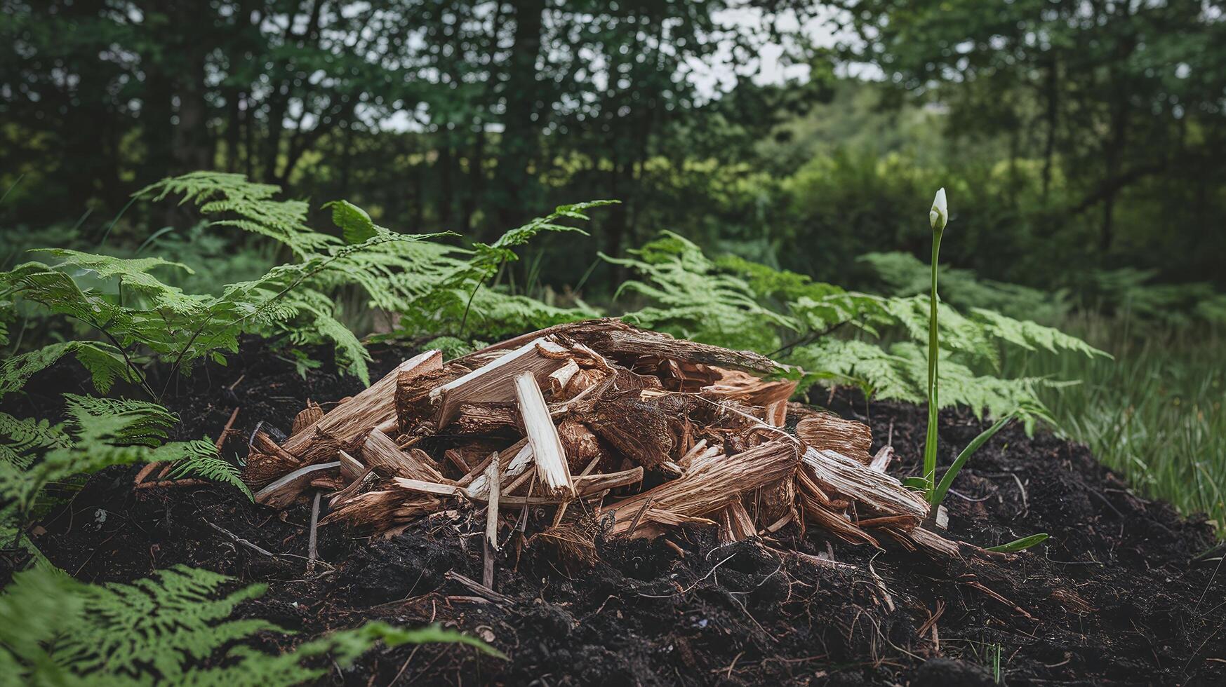 Pile of Wooden Mulch on Fresh Soil with Ferns and Sprouting Plant in Lush Forest Environment photo