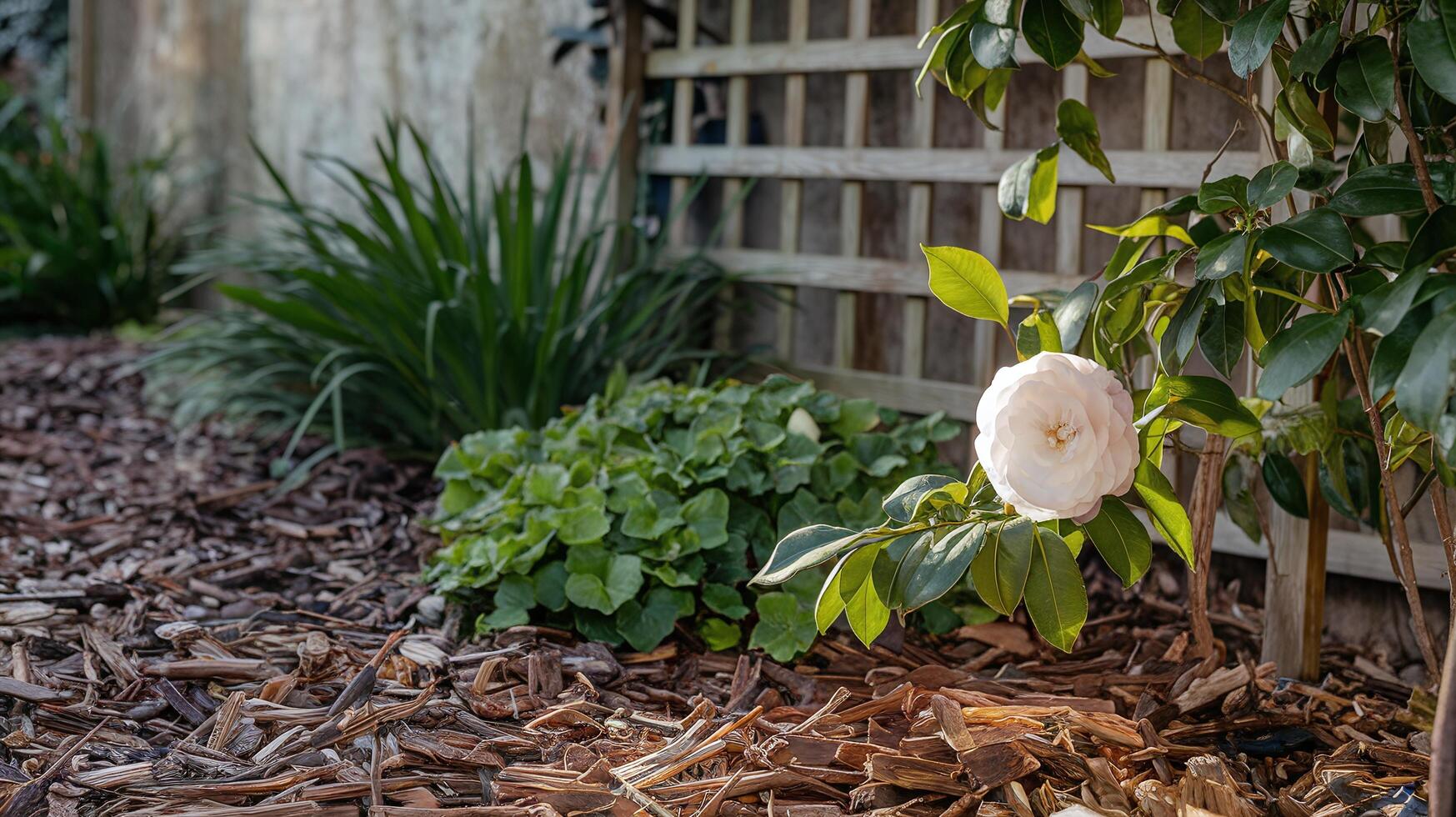 White Rose Blooming in Garden with Mulch and Green Foliage Against Wooden Trellis photo