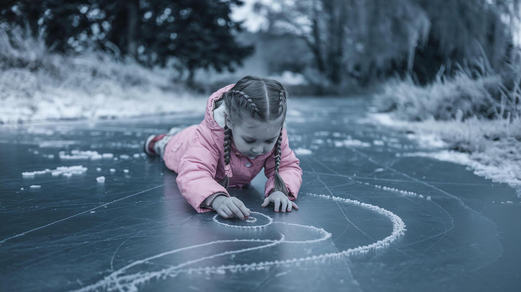 Young Girl Drawing on Frozen Ice Surface with Finger in Winter Landscape with Frosty Trees photo