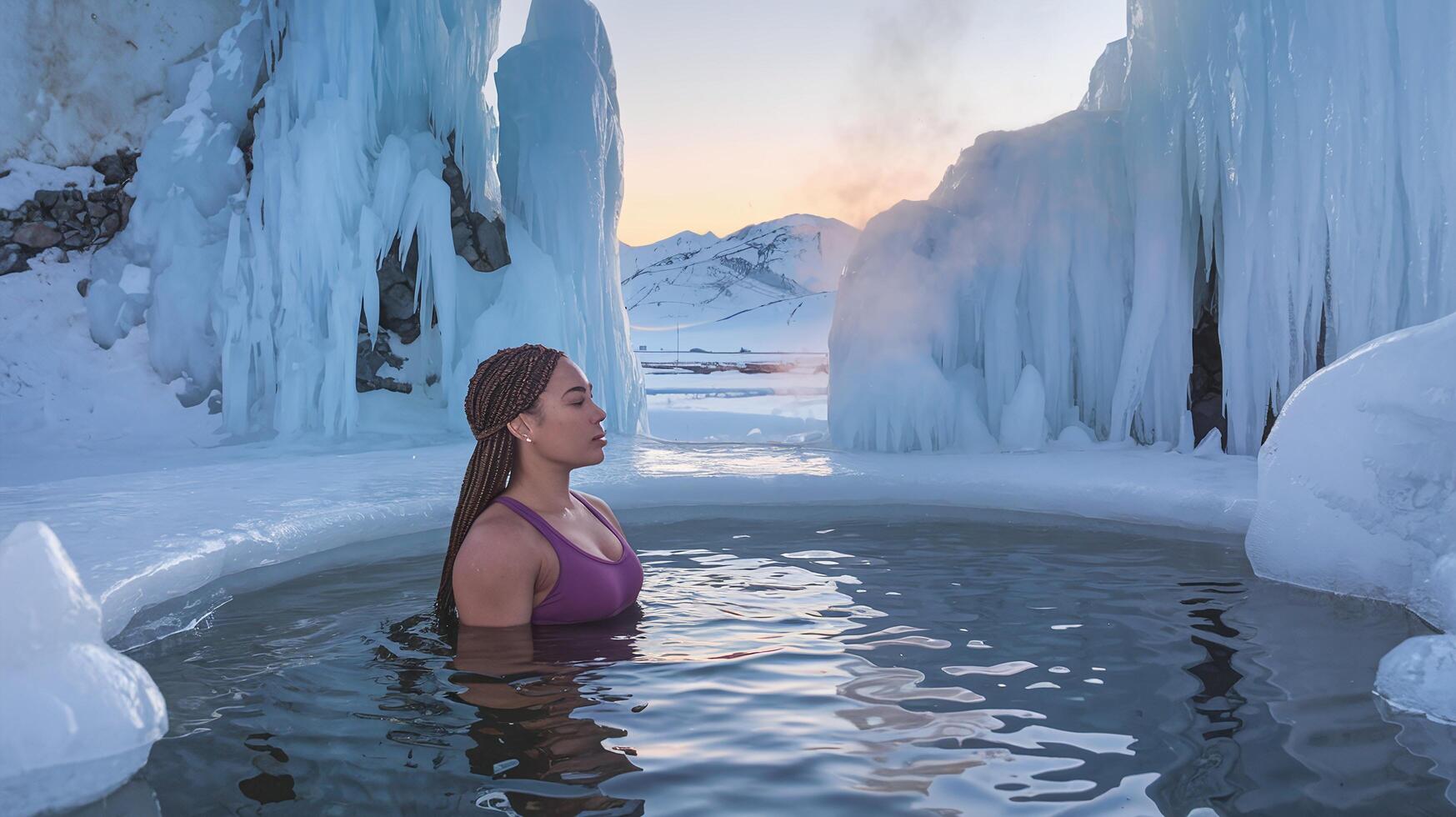 Woman Relaxing in Outdoor Hot Spring Surrounded by Ice Formations and Snowy Mountains at Sunset photo