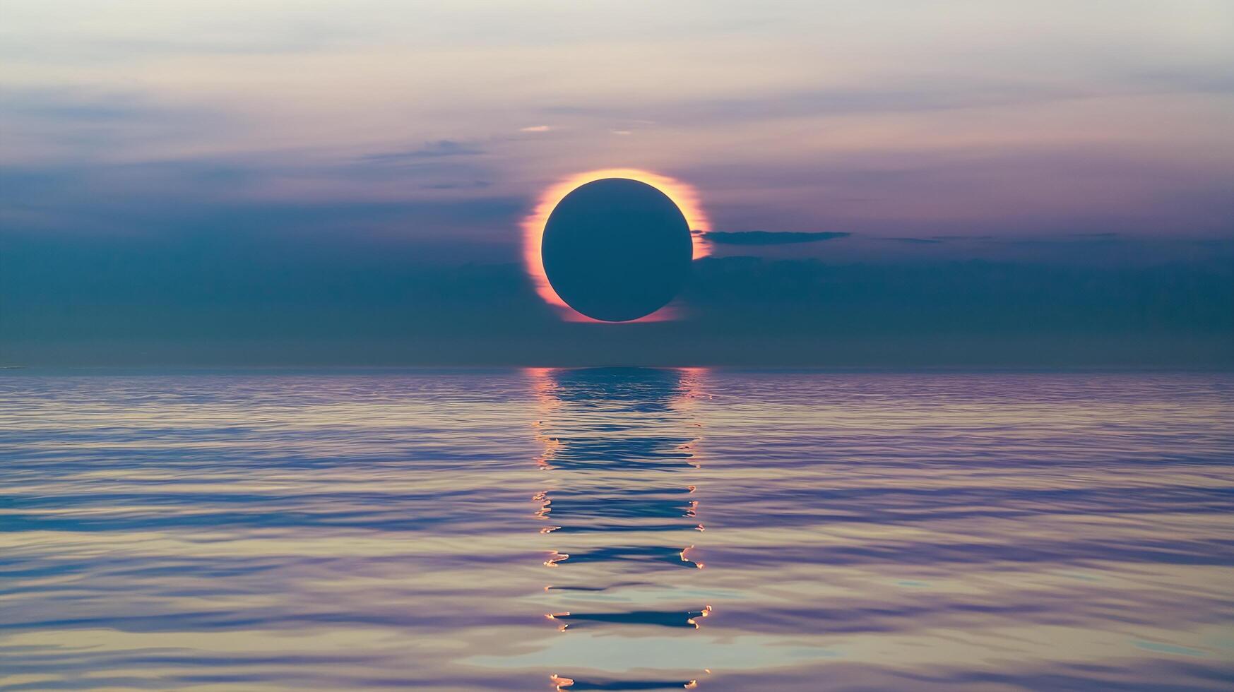 Solar Eclipse Over Calm Ocean Reflecting Vibrant Twilight Colors in Serene Sky at Sunrise or Sunset photo