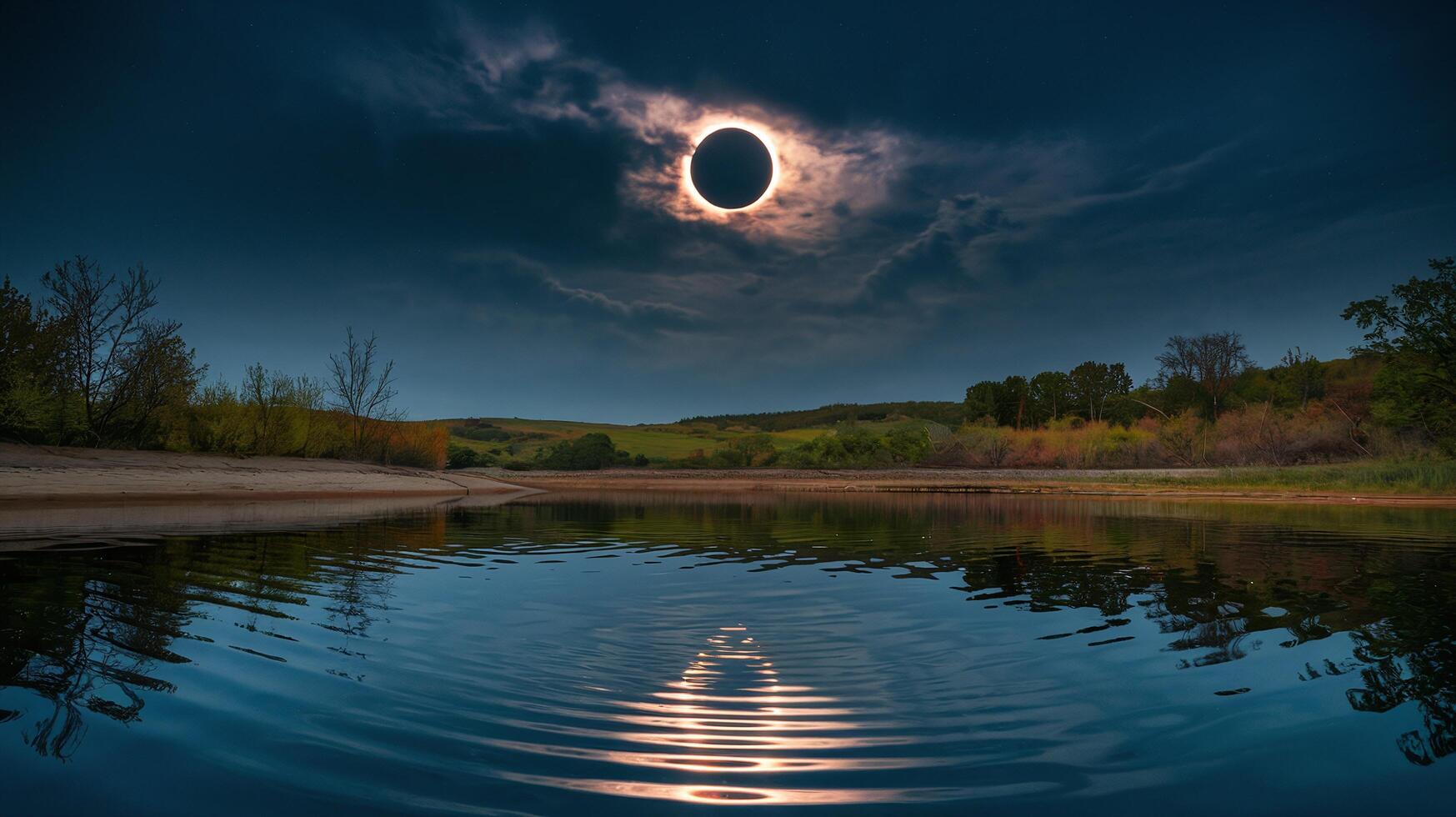 Solar Eclipse Reflected Over Calm Lake With Scenic Green Hills And Cloudy Night Sky photo
