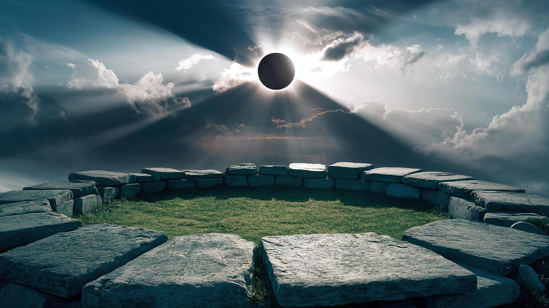 Solar Eclipse Over Stone Circle With Dramatic Clouds And Sun Rays On A Green Grass Landscape photo