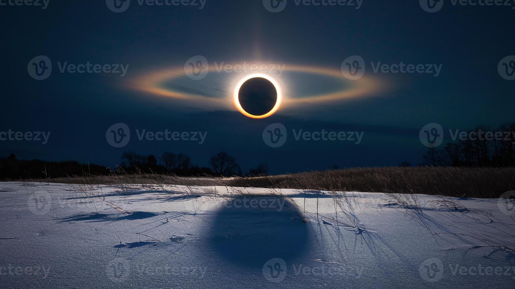 Solar Eclipse Over Snowy Field with Silhouetted Trees and Vibrant Halo in Deep Night Sky photo