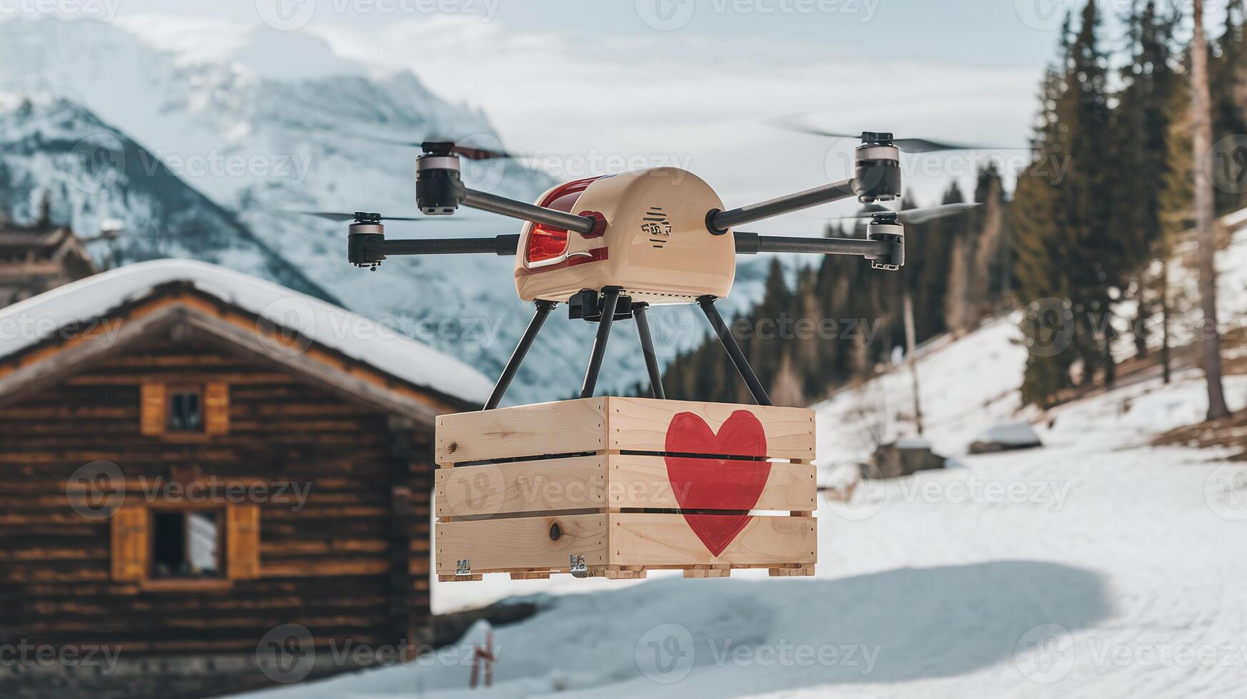 Drone Delivering Wooden Box with Red Heart in Snowy Mountain Village with Cabin and Trees Background photo