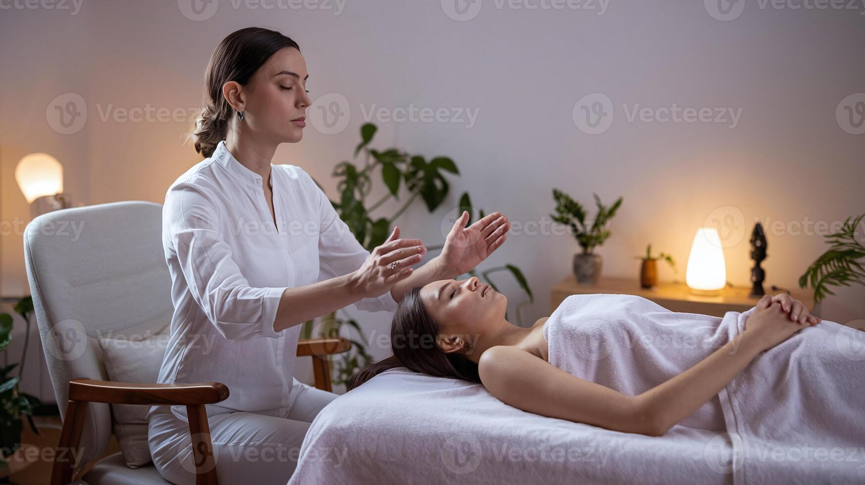 Reiki Energy Healing Therapy in Spa with Relaxed Woman and Warm Lighting by Professional Female Practitioner photo