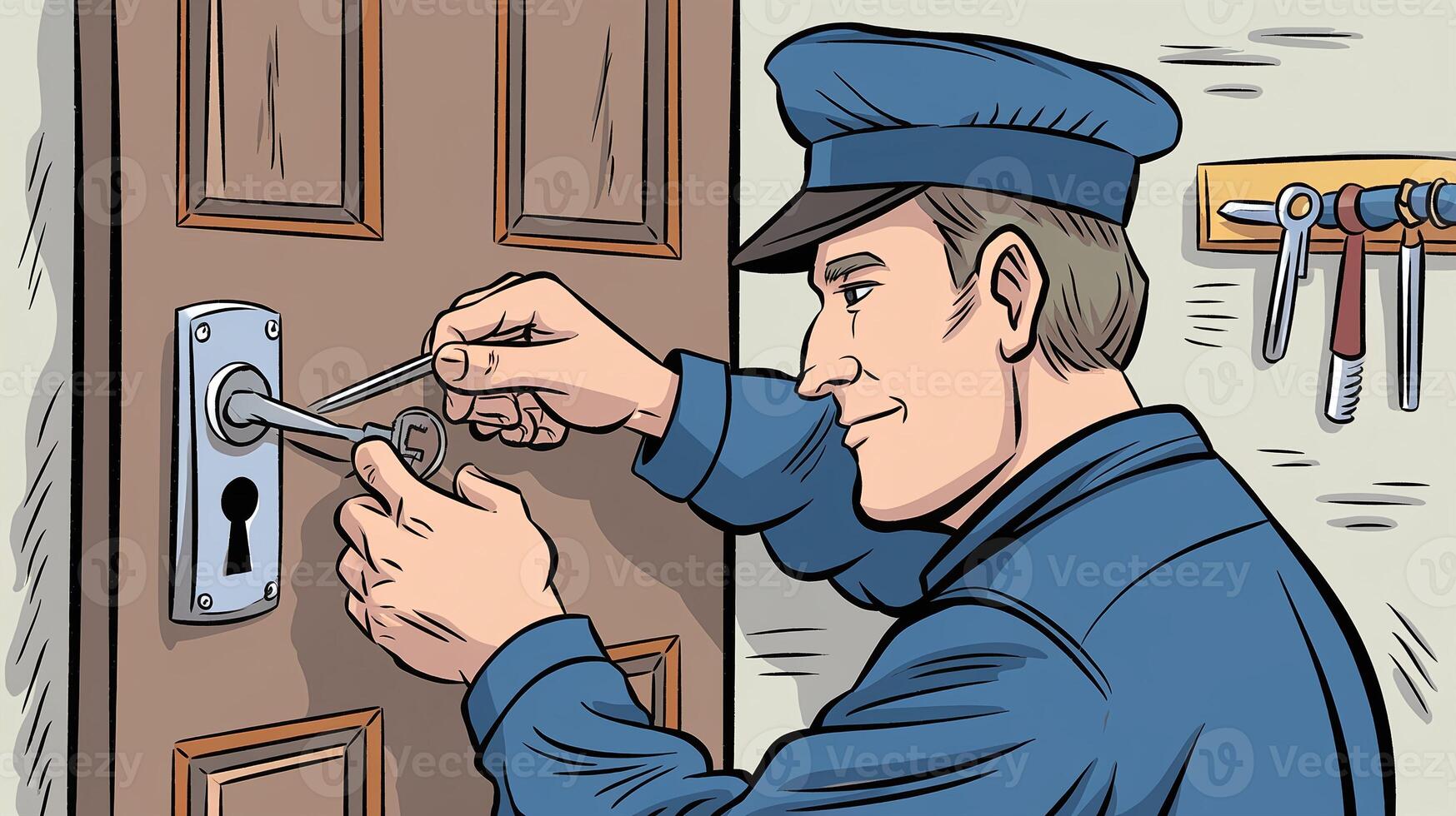 Professional Locksmith in Blue Uniform Picking Door Lock with Keyhole Repair Tools Indoors photo
