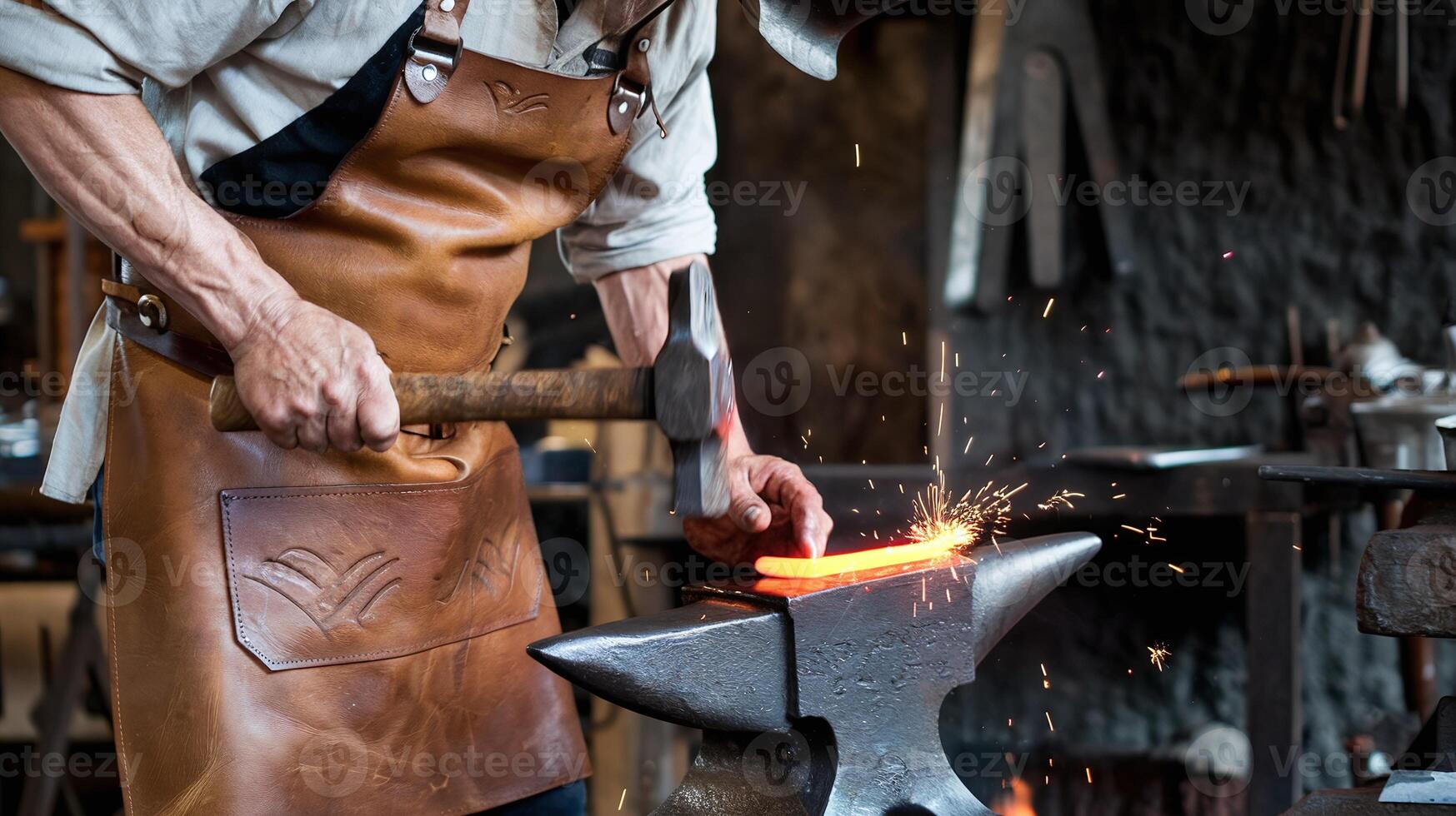 Blacksmith Forging Red Hot Metal on Anvil in Workshop with Sparks and Hammer Wearing Leather Apron photo