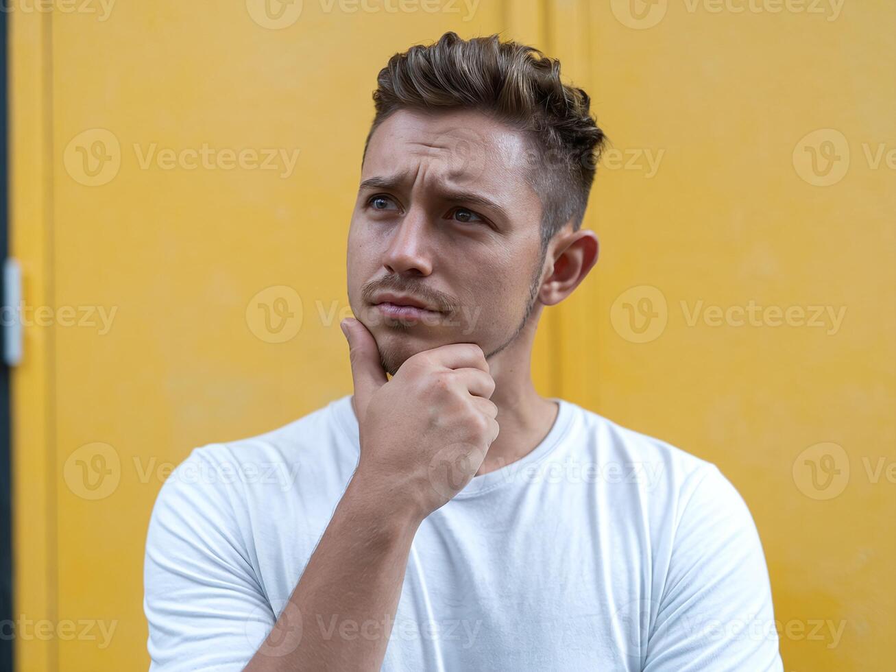 Thoughtful Young Man in White Shirt Against Bright Yellow Background Contemplating Ideas photo