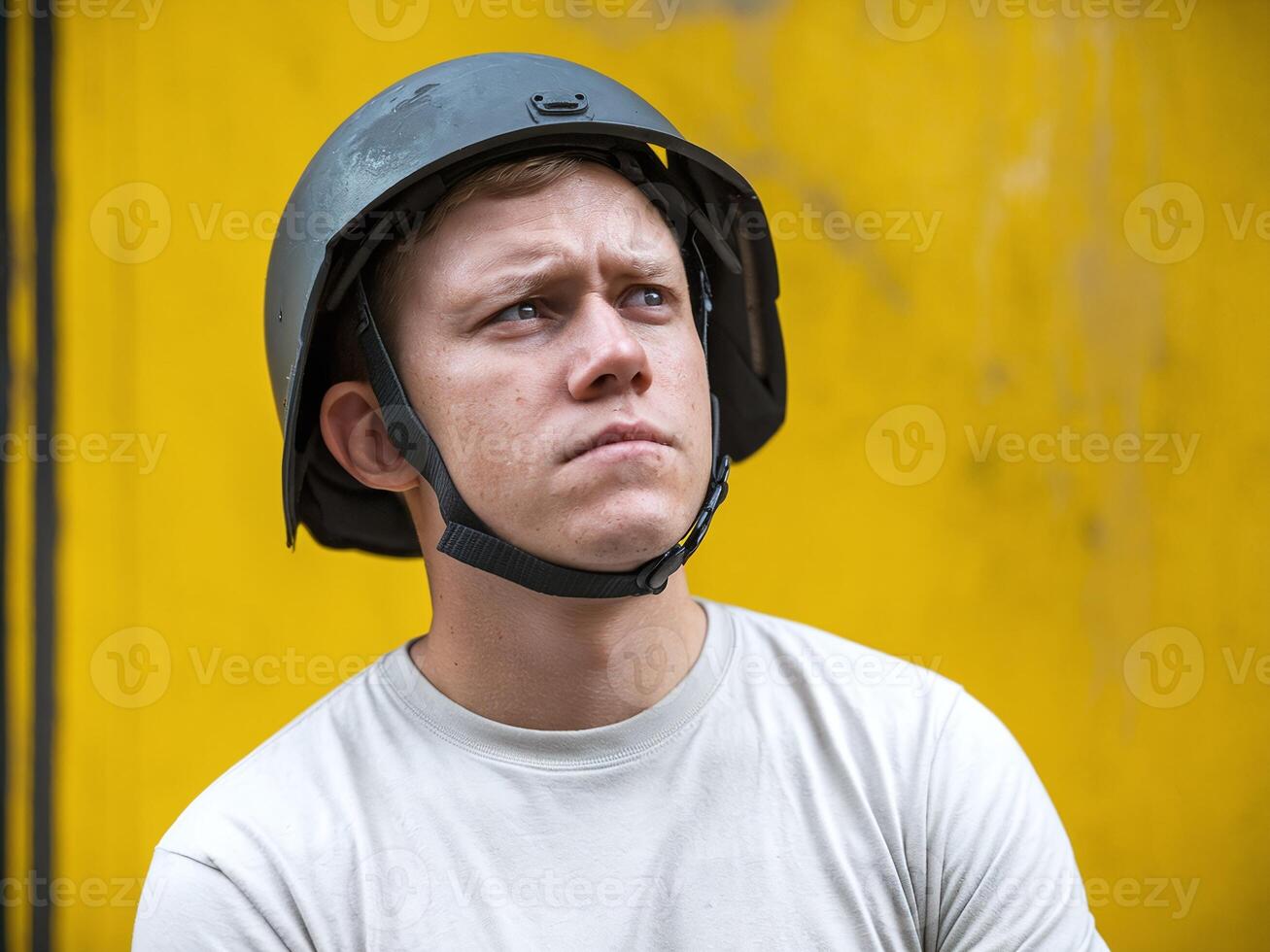 Young man wearing black military helmet looking serious against vibrant yellow wall background photo