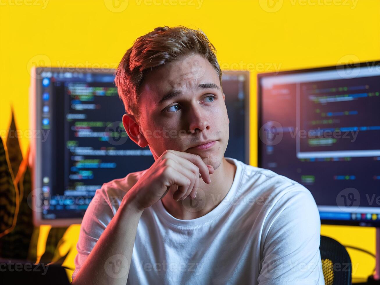 Young Male Programmer Thinking in Front of Multiple Computer Screens with Coding Displayed on Yellow Background photo