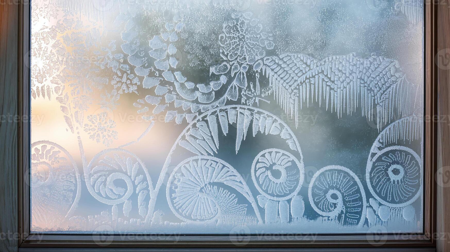 Detailed Frost Patterns on Window Glass with Sunlight Creating Artistic Winter Design and Frozen Nature photo