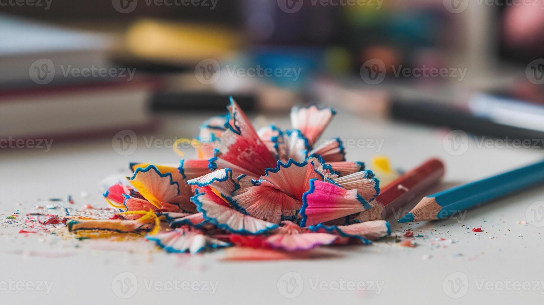 Pencil Shavings in Vibrant Colors with Blue and Red Pencils on White Desk in Creative Workspace photo