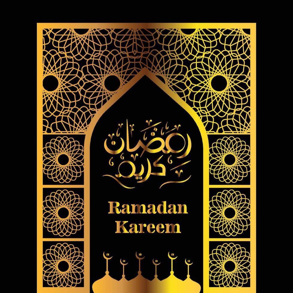 Ramadan Kareem gold color islamic background greeting design with mosque door with floral ornament and arabic calligraphy vector