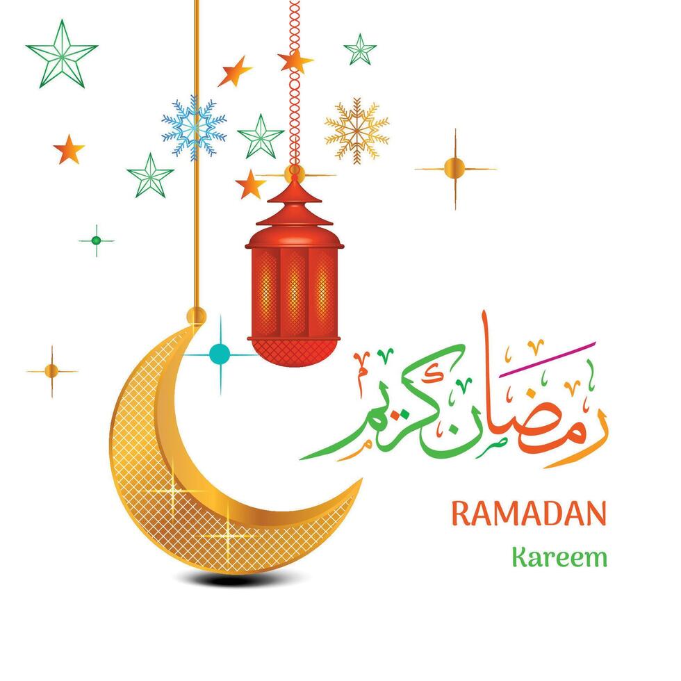 Ramadan Kareem Islamic festival 2025 with lanterns, star, Gold color moon Arabic colorful calligraphy with white color template design vector