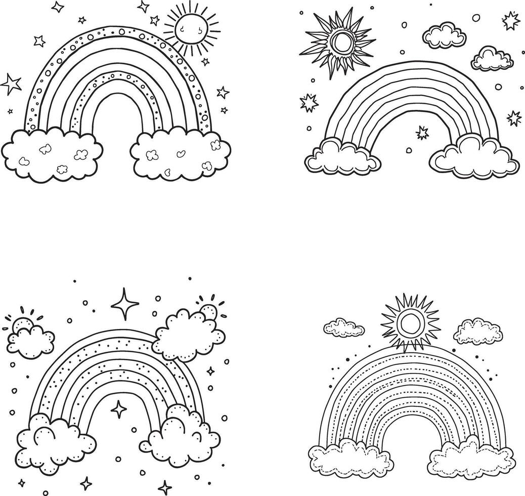 Hand drawn line art heavenly rainbow illustration set collection coloring page vector