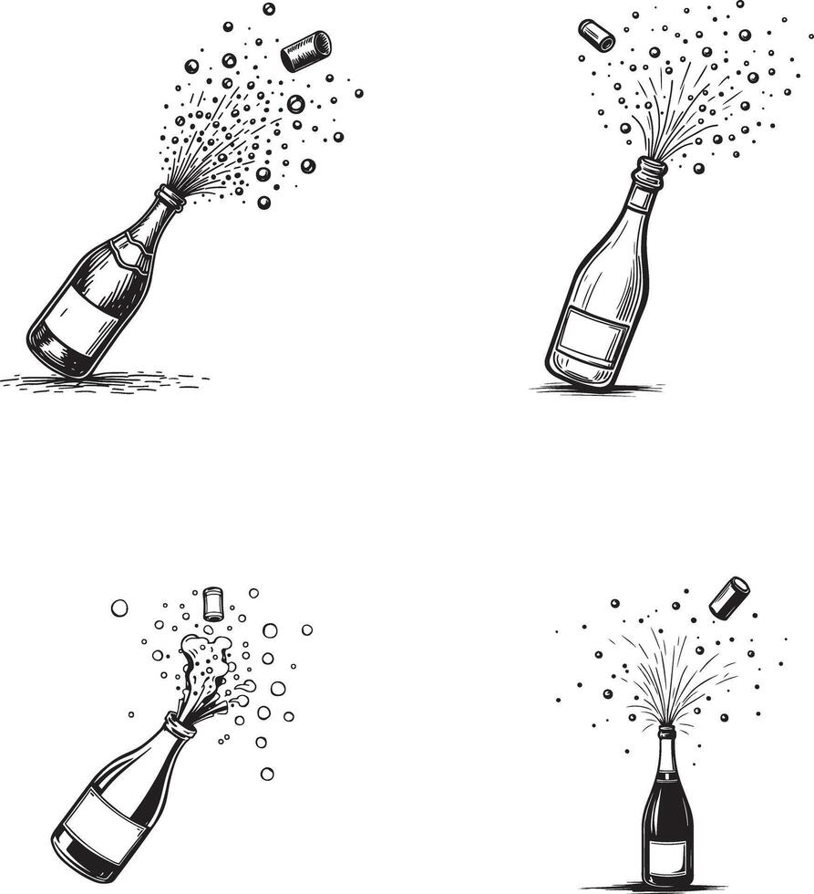 Set of hand drawn Alcohol with champagne foam bottle illustration for coloring page vector
