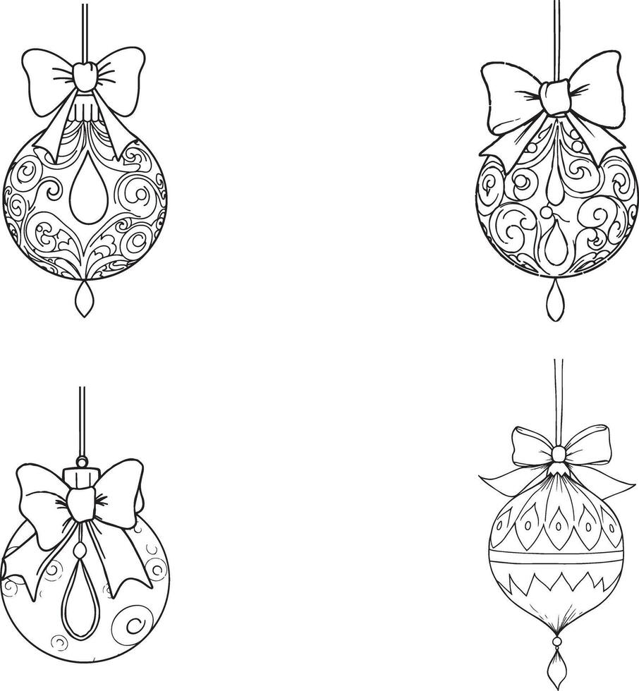 Hand drawn doodle illustration Christmas tree decoration with patterns and ribbon for coloring page vector