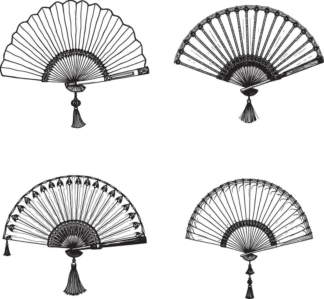 Hand drawn line art Folding semicircular fan illustration set collection for coloring page vector
