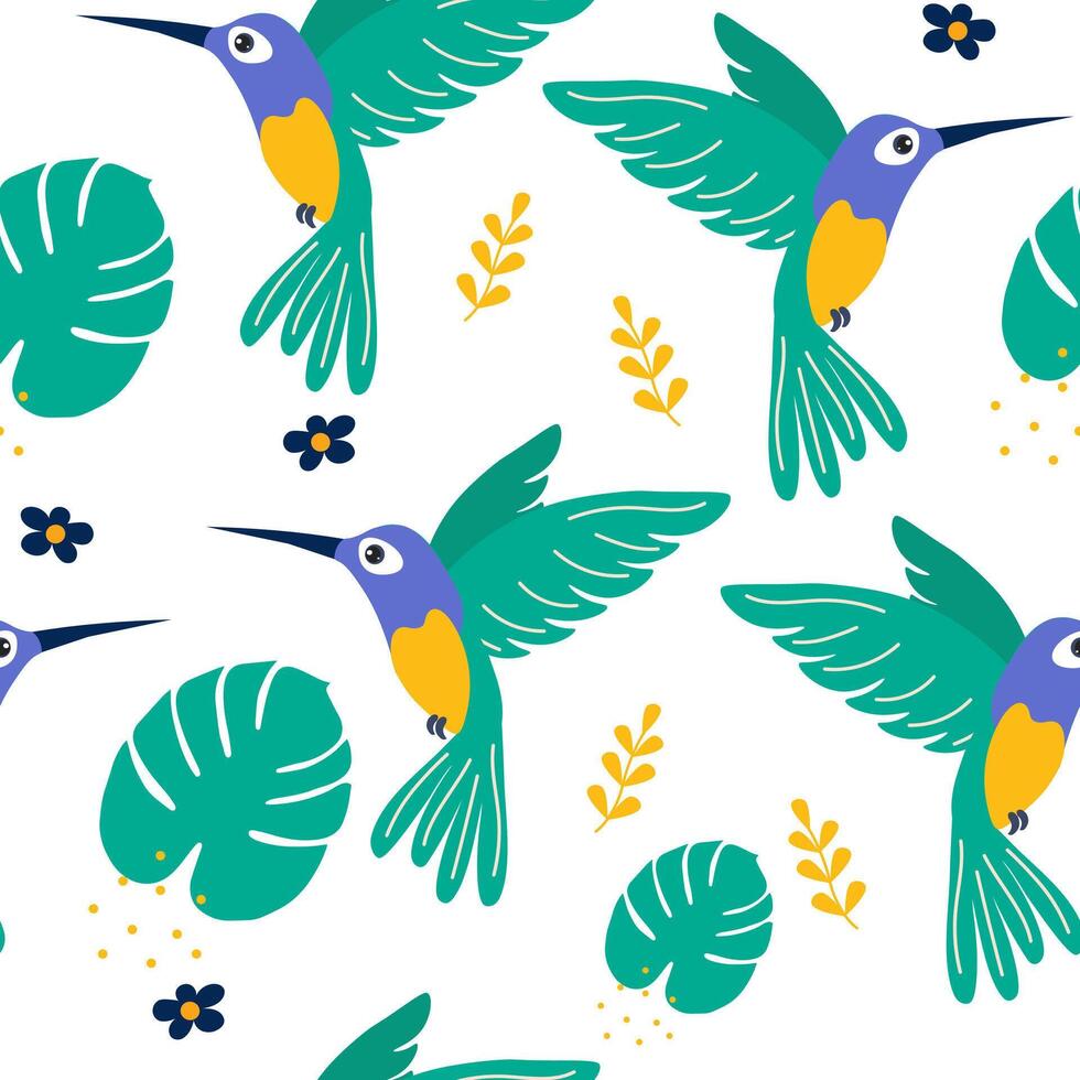 Colorful hummingbirds and tropical plants create a vibrant, lively pattern on a white background vector