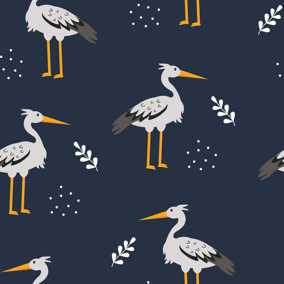 Colorful pattern featuring birds and botanical elements on a dark background vector